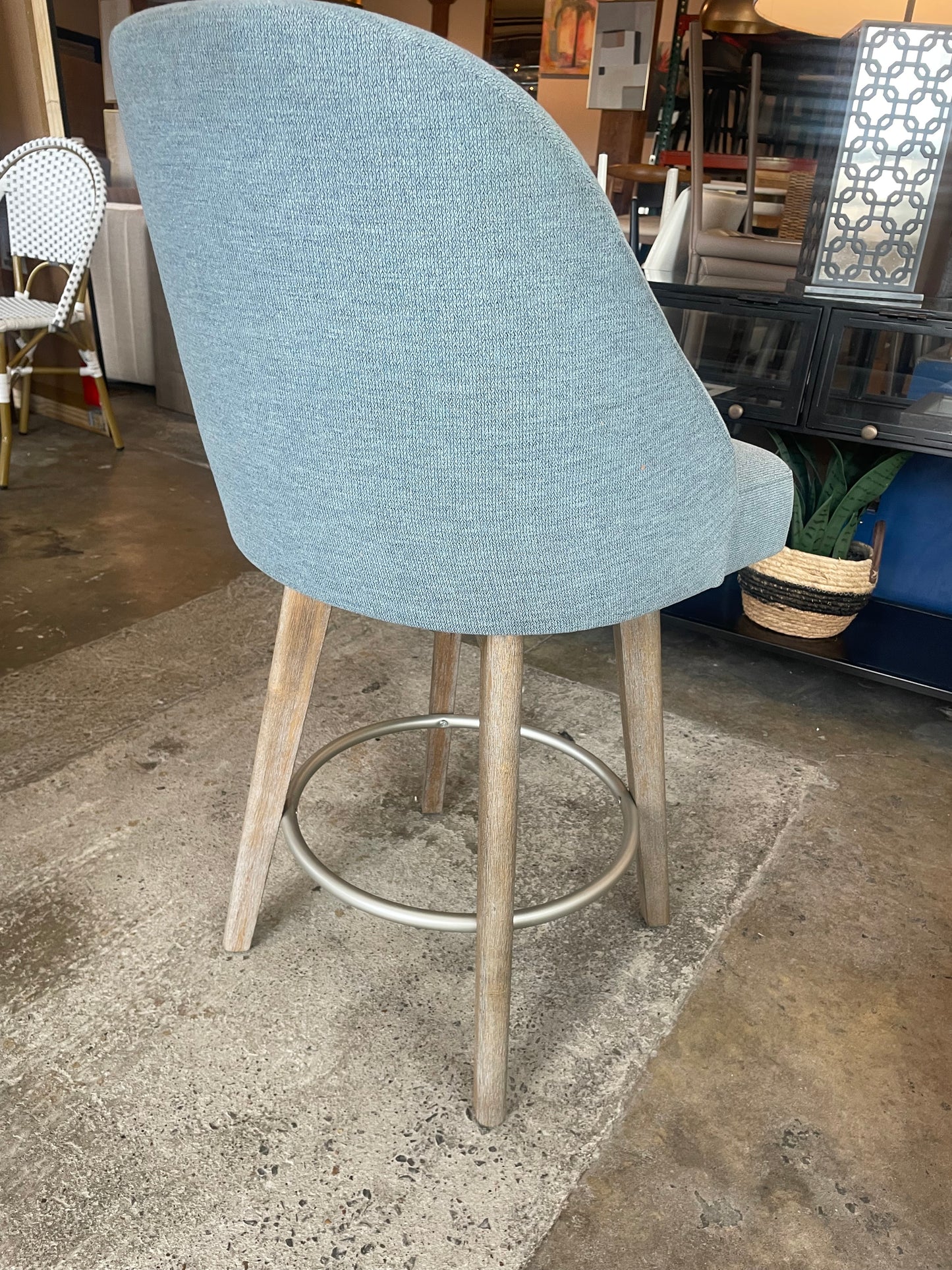Blue linen fabric counterheight swivel barstool 🥂