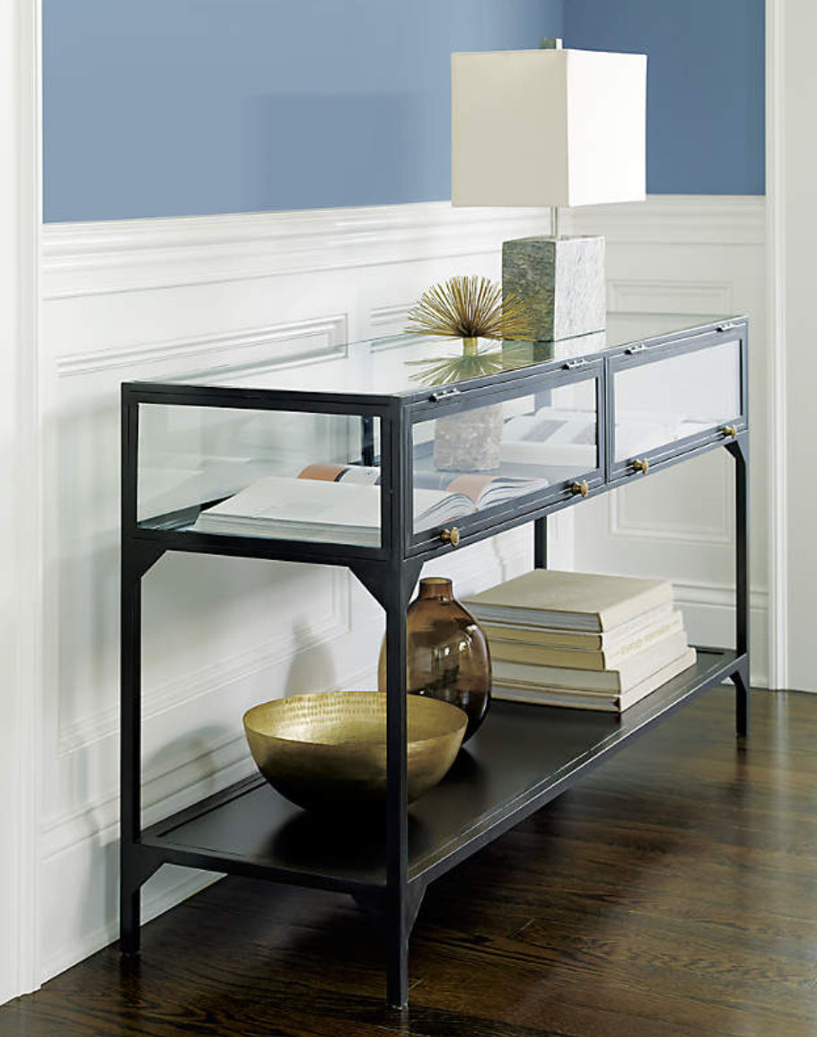 CB2 54" black iron & glass console table w/ storage 🥃