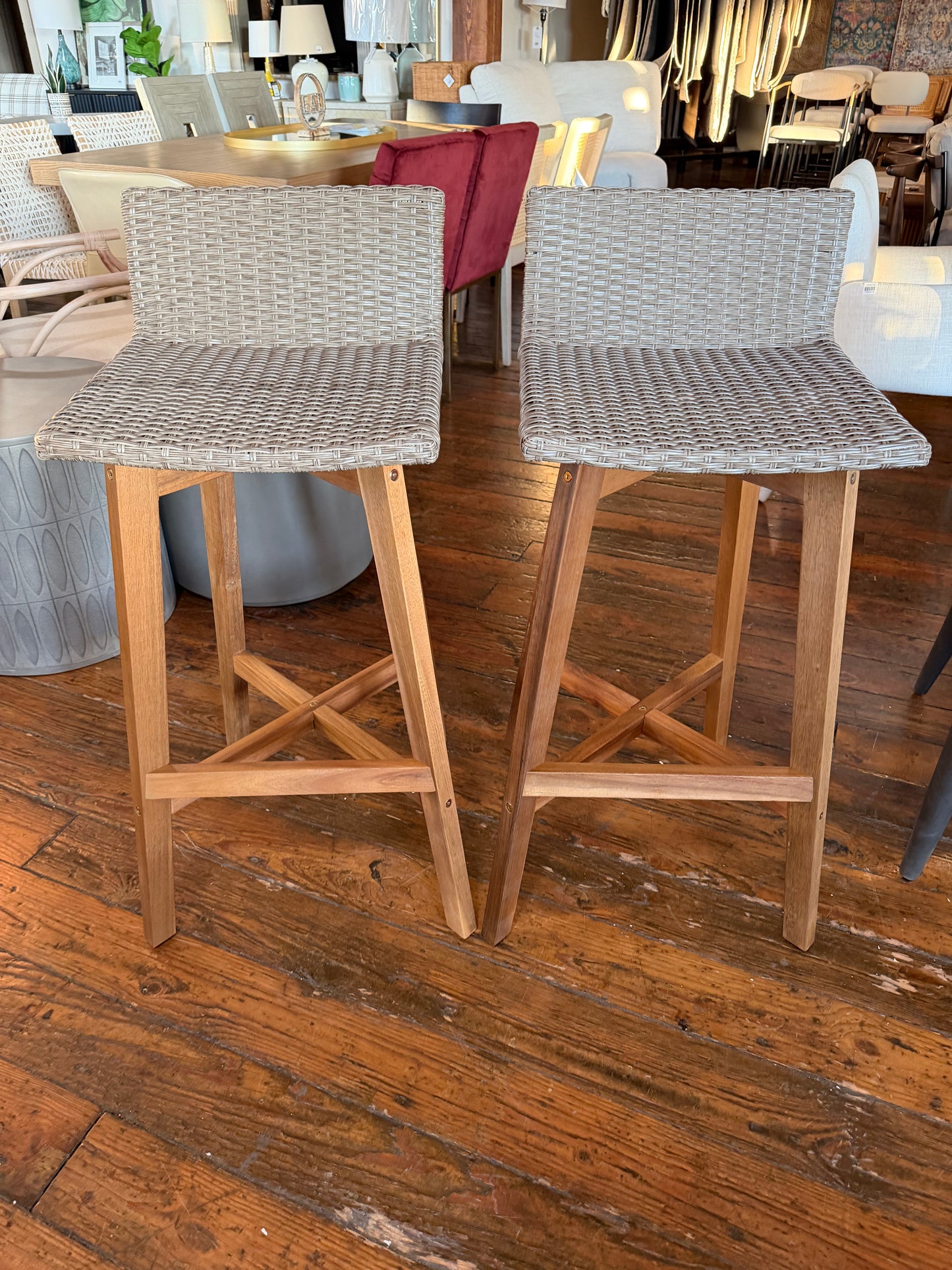 2 light brown & teak rustic acacia wood barheight barstools🍻
