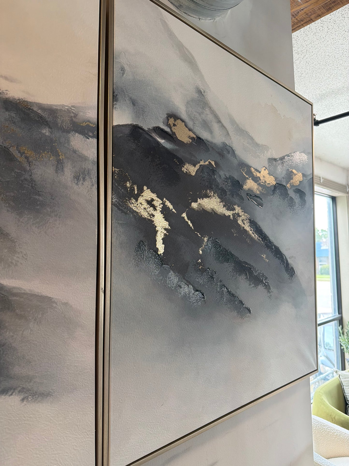 Gold-framed 33x37 abstract blue, grey, & gold art ✨