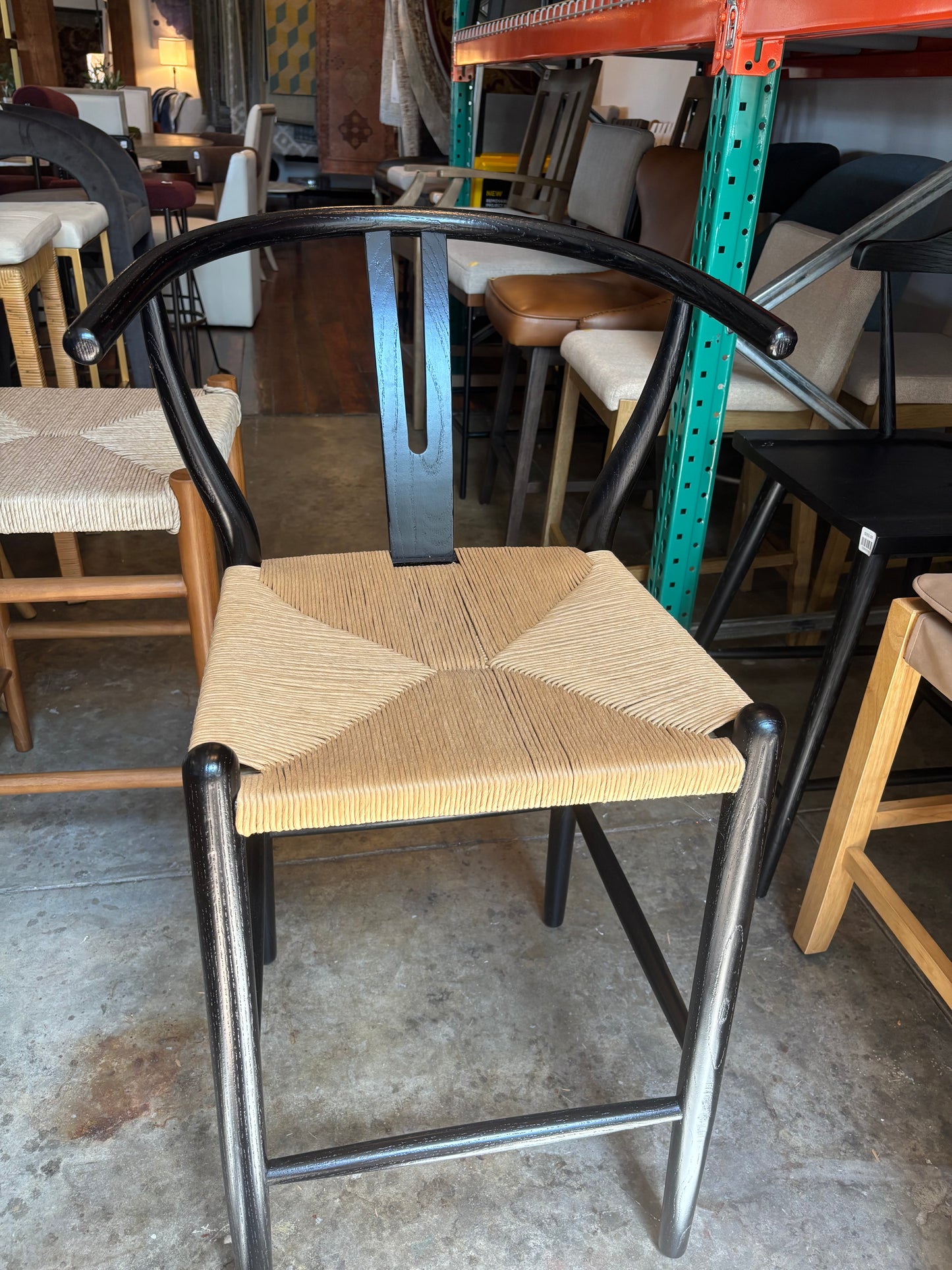 Natural woven rope wishbone counterheight barstool w/ black wood frame 🥂