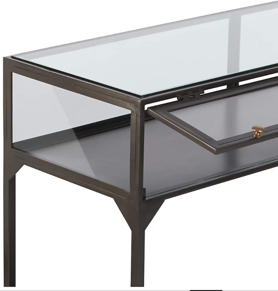 CB2 54" black iron & glass console table w/ storage 🥃