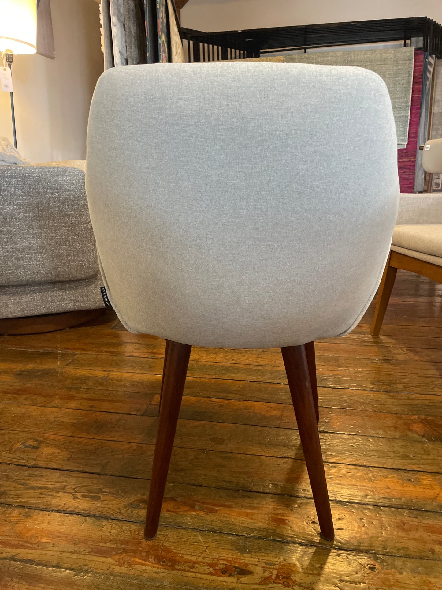 Modern upholstered grey dining chair w/ brown wood legs 🪑