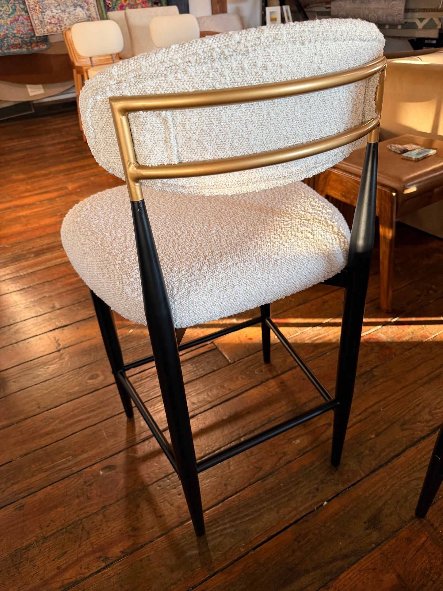 2 modern cream boucle counterheight barstools w/ black & gold frame 🍸