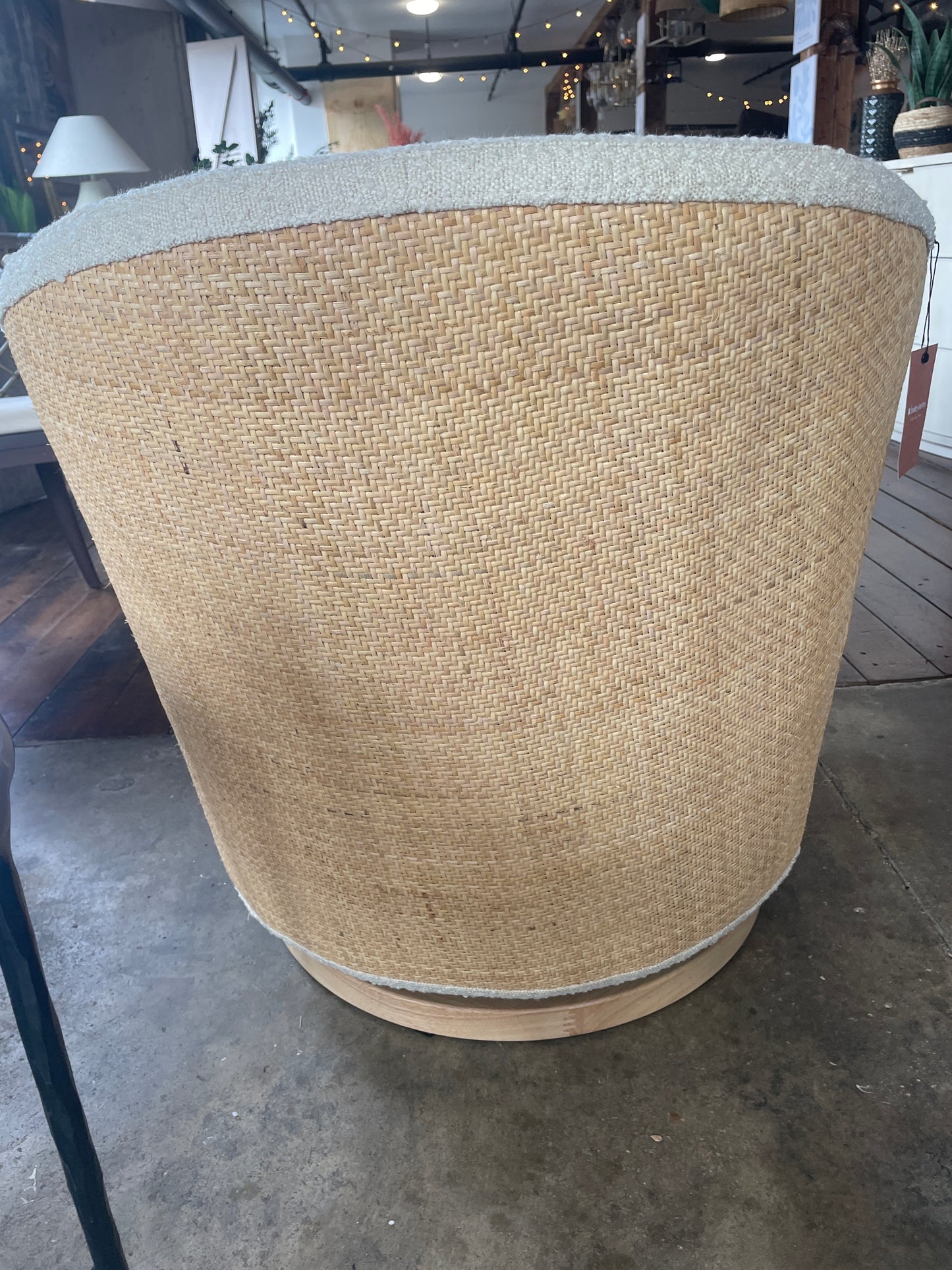 Babyletto swivel glider in ivory boucle w/ cane back & light wood base 🪴