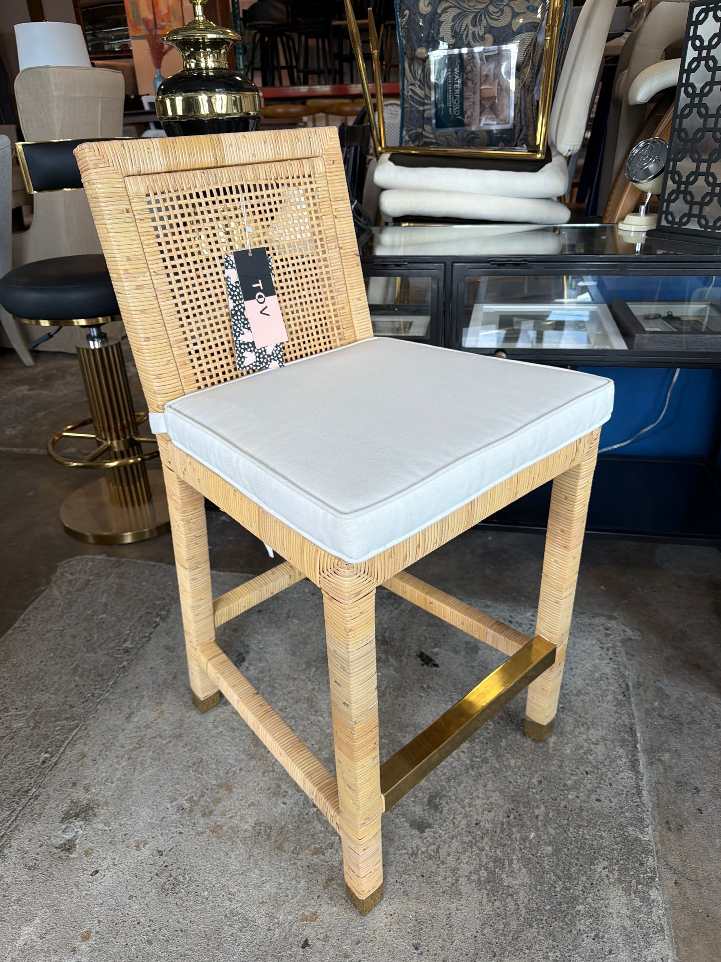 Handwoven coastal woven counterheight  barstool w/ gold bar & white cushion & bow 🌻