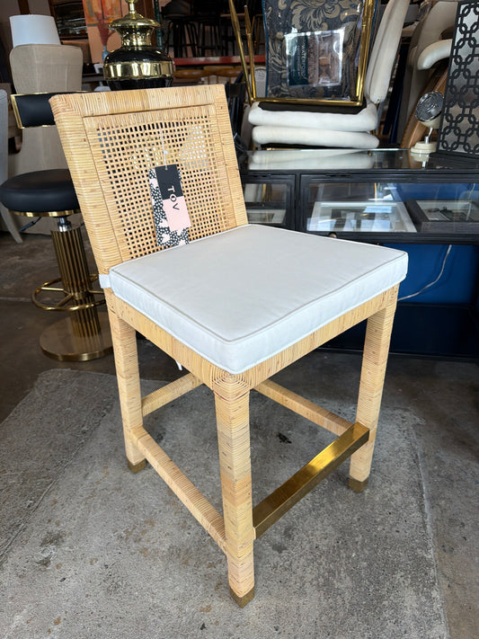 Handwoven coastal woven counterheight  barstool w/ gold bar & white cushion & bow 🌻