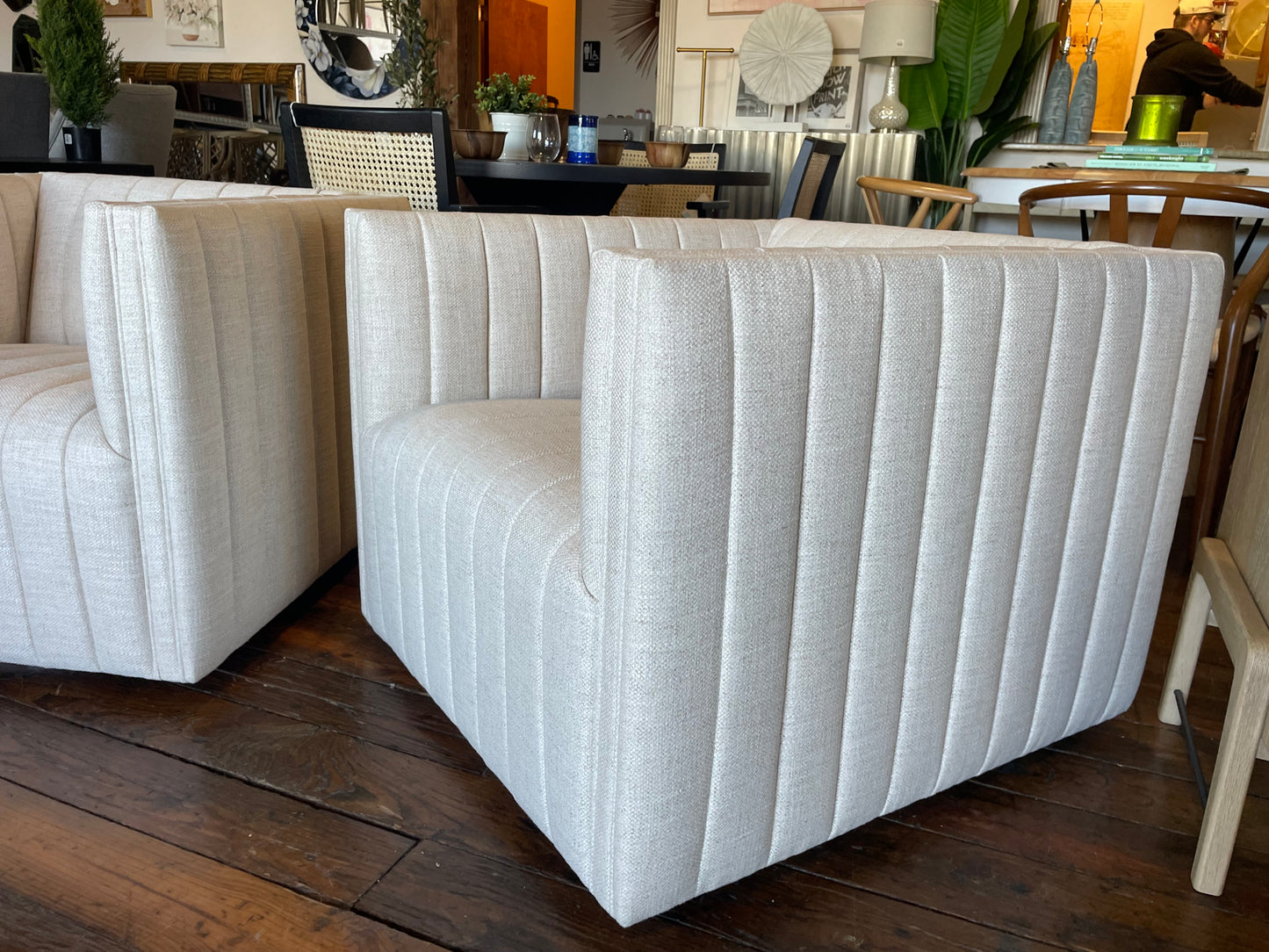 Four Hands swivel beige linen channel tufted armchair 🪴
