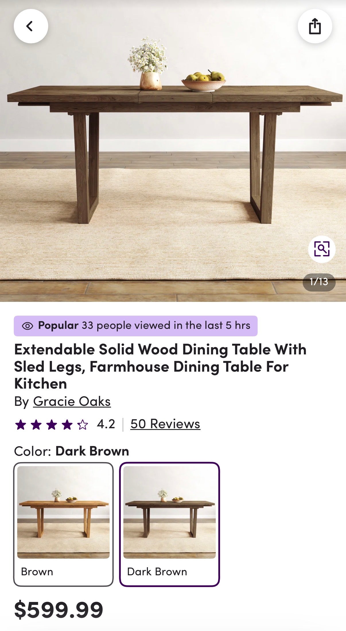 Solid wood dining table w/ built-in extendable leaf 🤎