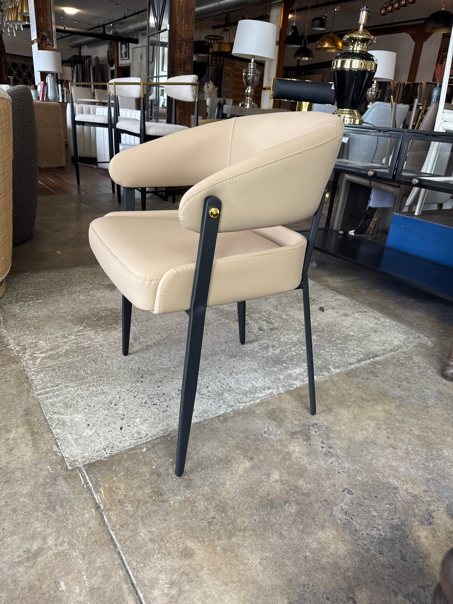 Taupe vegan leather dining or accent chair with gold and black legs ✨