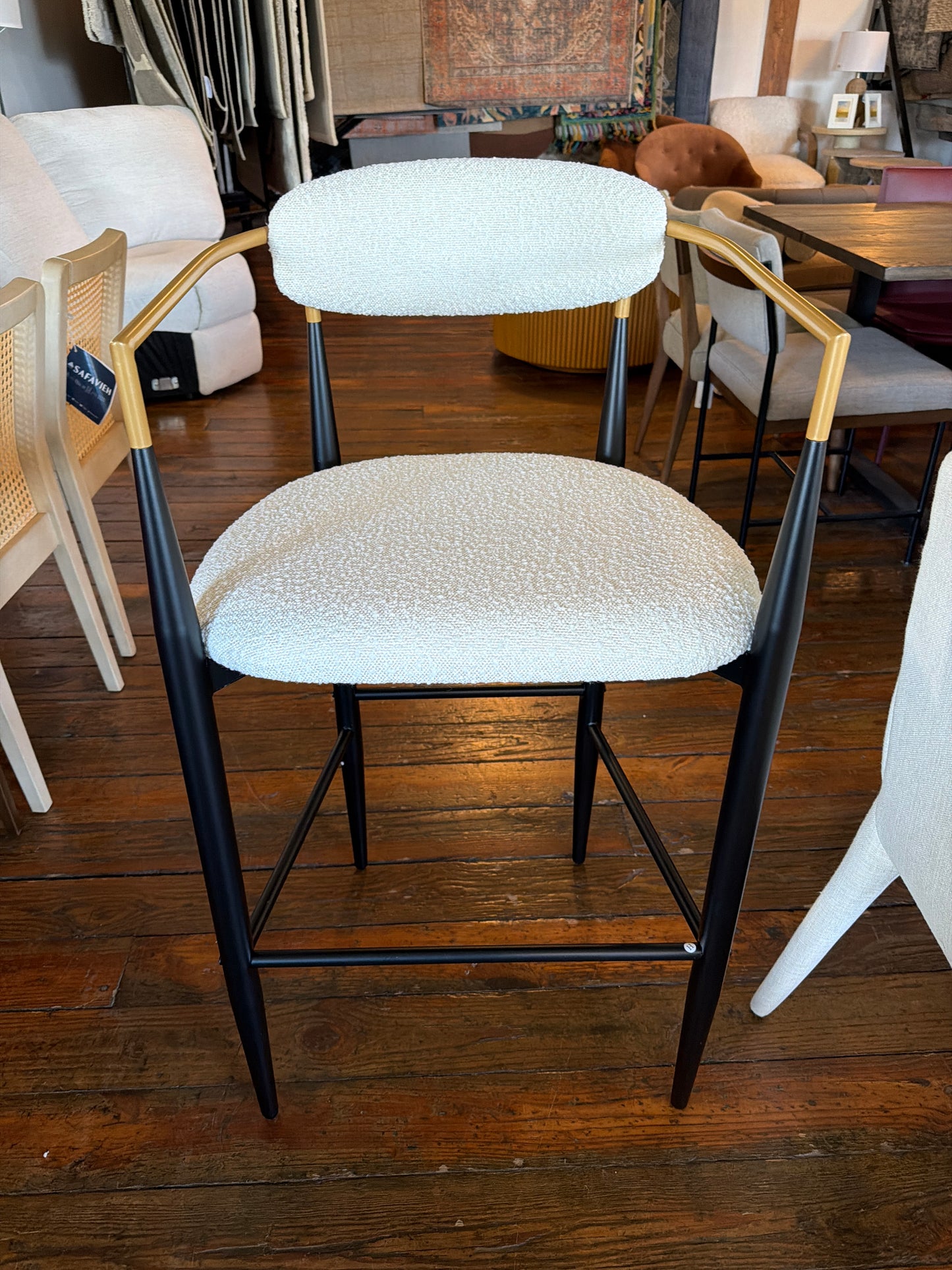 Modern cream boucle barheight barstool with black & gold iron frame ✨