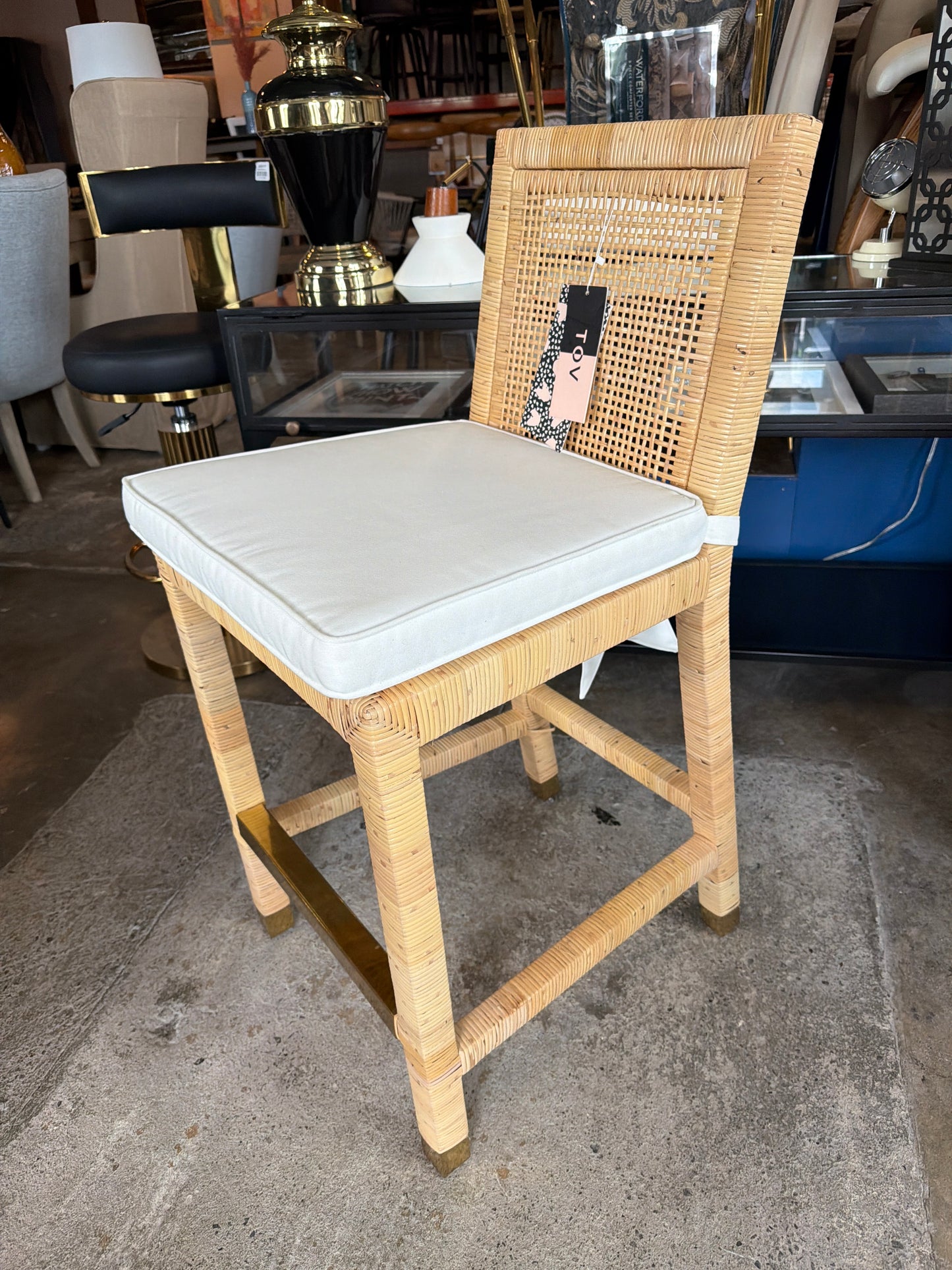 Handwoven coastal woven counterheight  barstool w/ gold bar & white cushion & bow 🌻