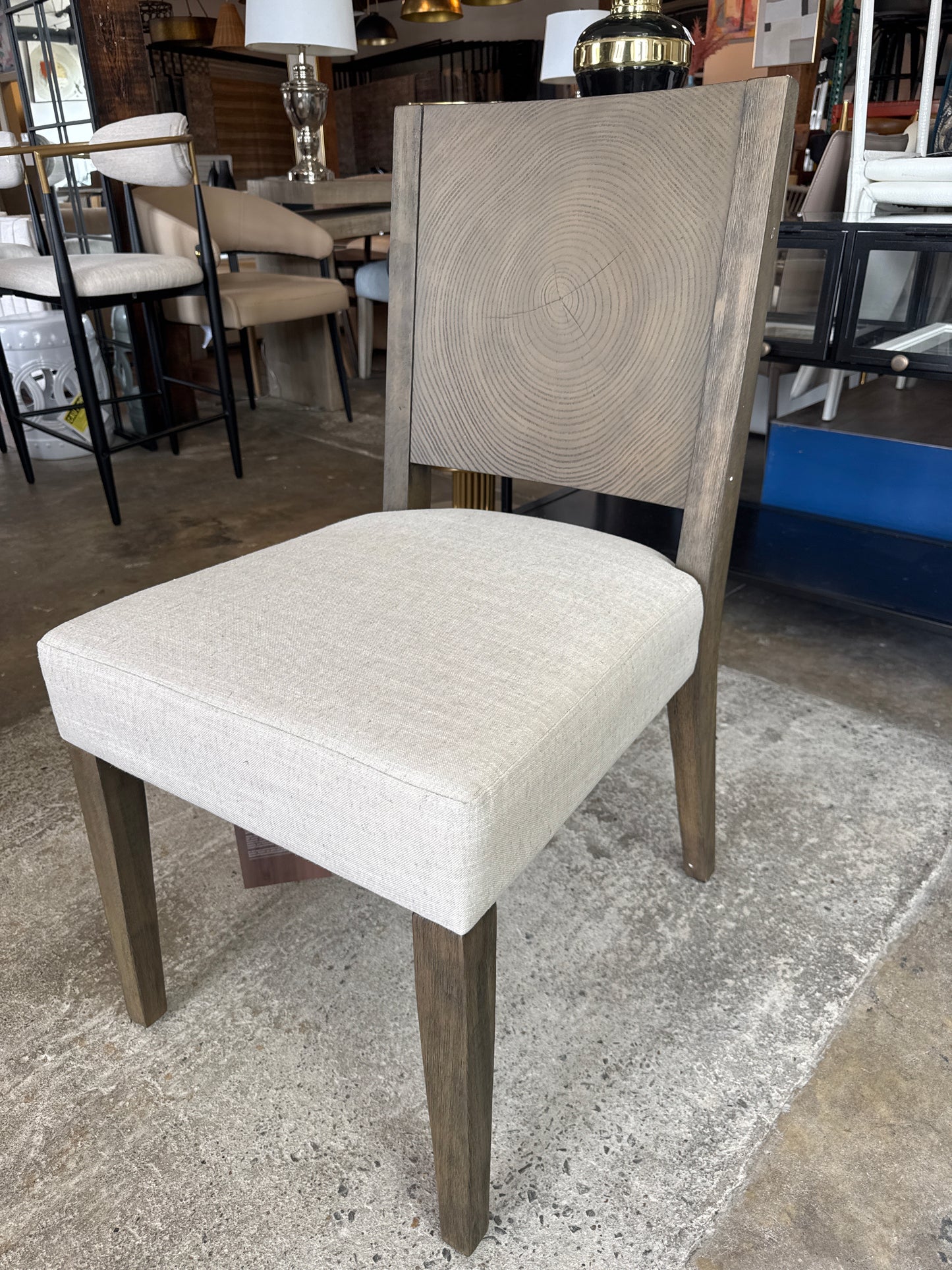 Modus brown wooden & taupe linen dining chairs ✨