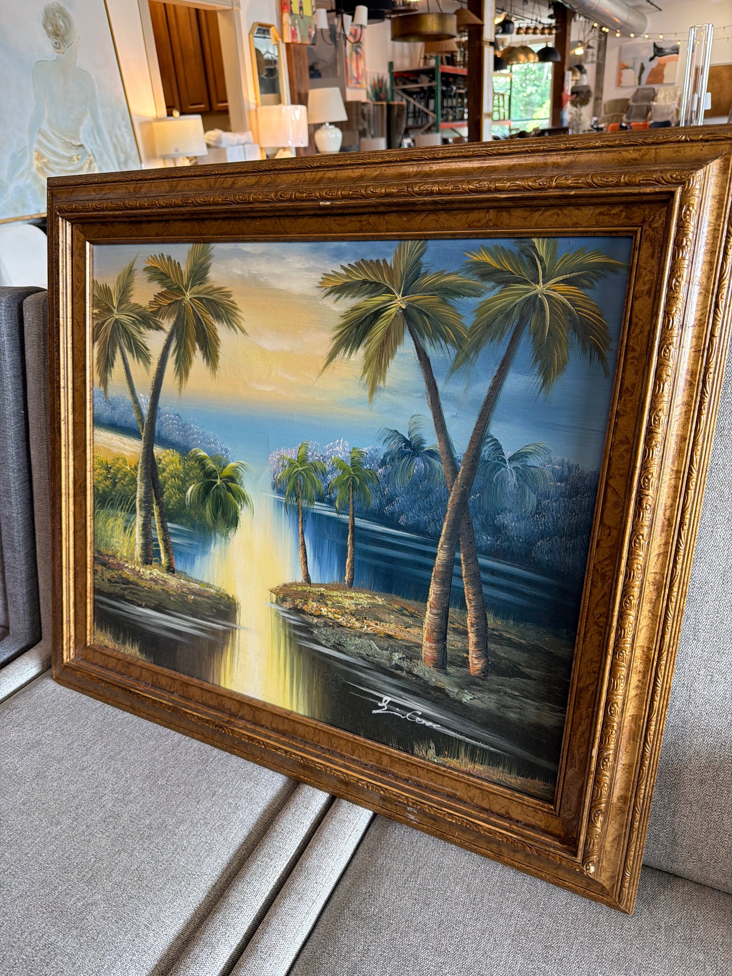 Vintage hand painted 27x30 palm tree canvas ✨