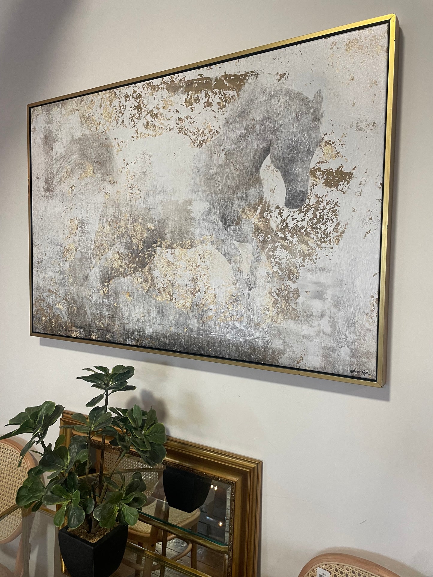 Framed 24x36 gray & gold horse print 🐎