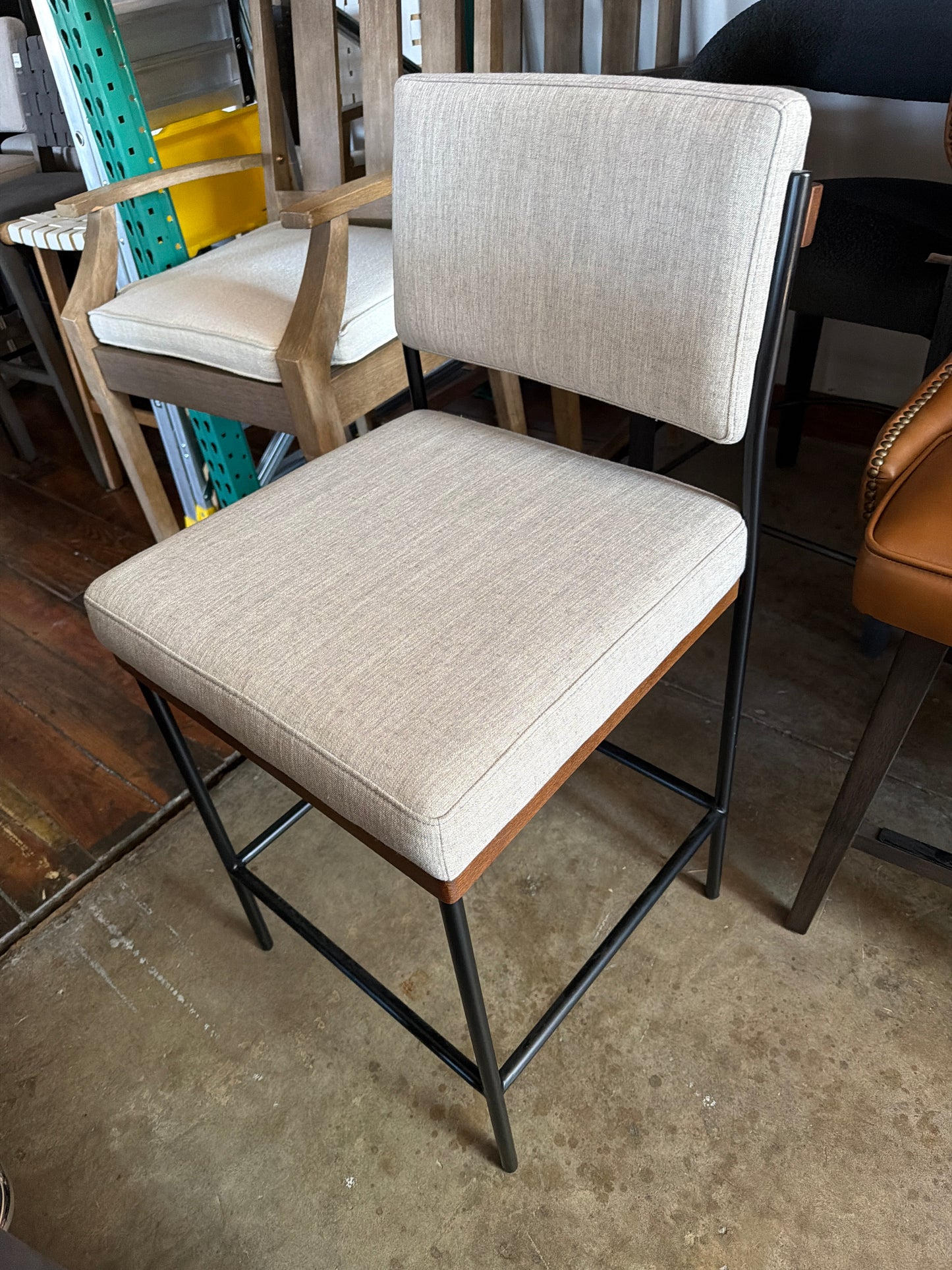 Four Hands modern grey linen, wood, & black iron frame counterheight barstool 🖤
