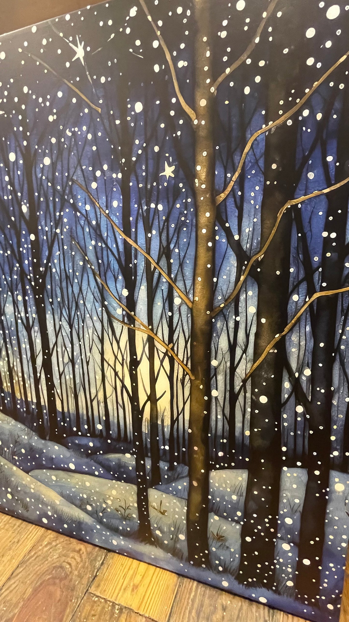 Festive 30” square starry night winter woodscape canvas 🌃