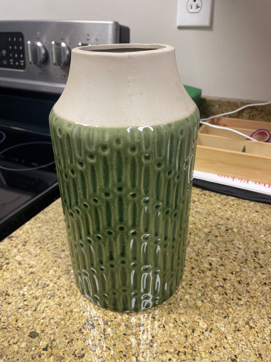 Green & beige 10” ceramic vase ✨