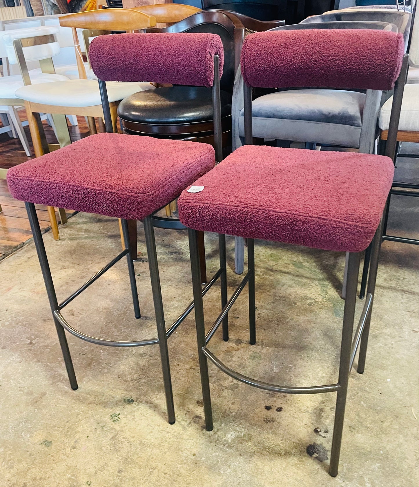 2 maroon boucle barstools 🍻