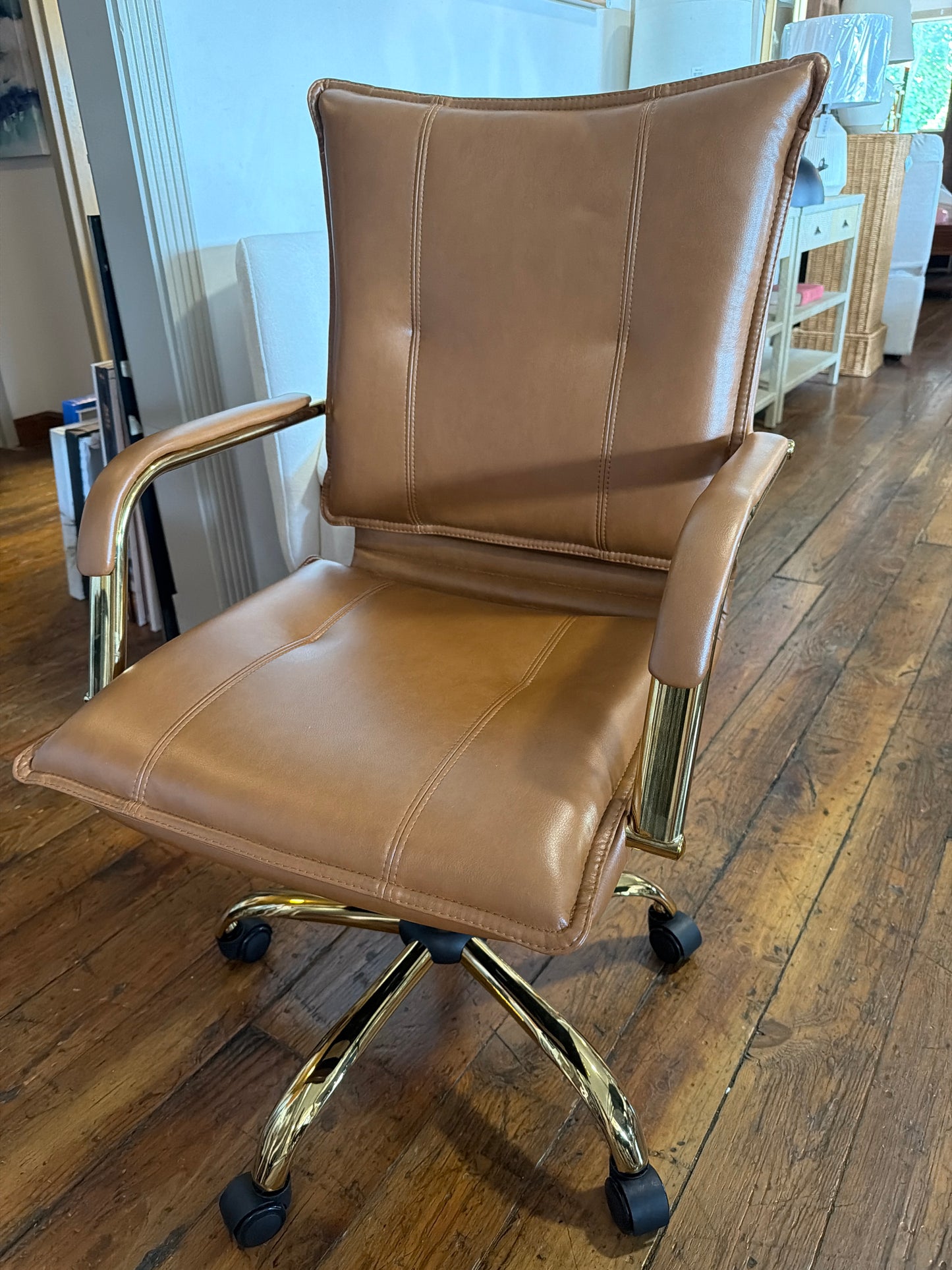 Faux brown leather swivel desk chair w/ gold frame ✨