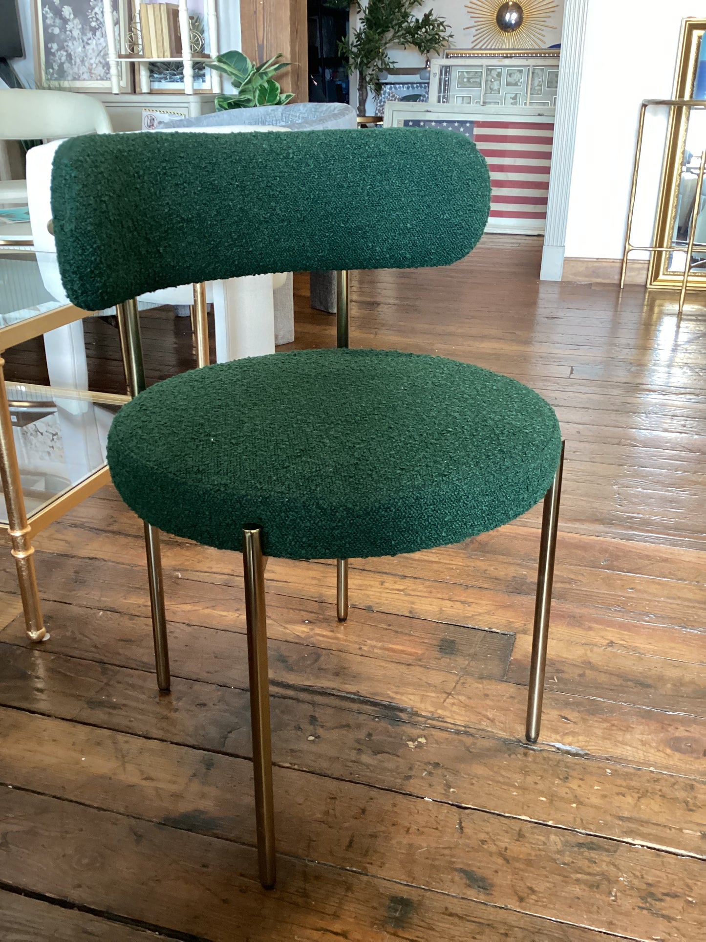 Emerald green boucle & gold accent chair ✨
