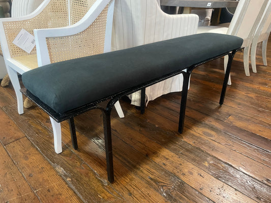 Dark teal 59” upholstered linen bench w/ black iron legs 🖤