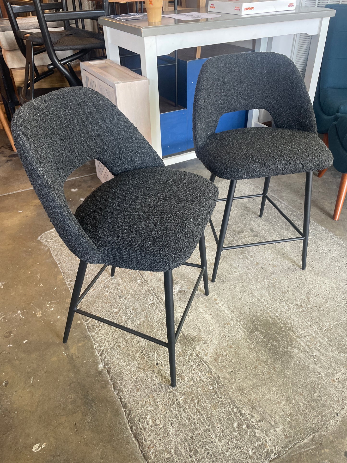 2 black boucle counterheight barstools 🍷