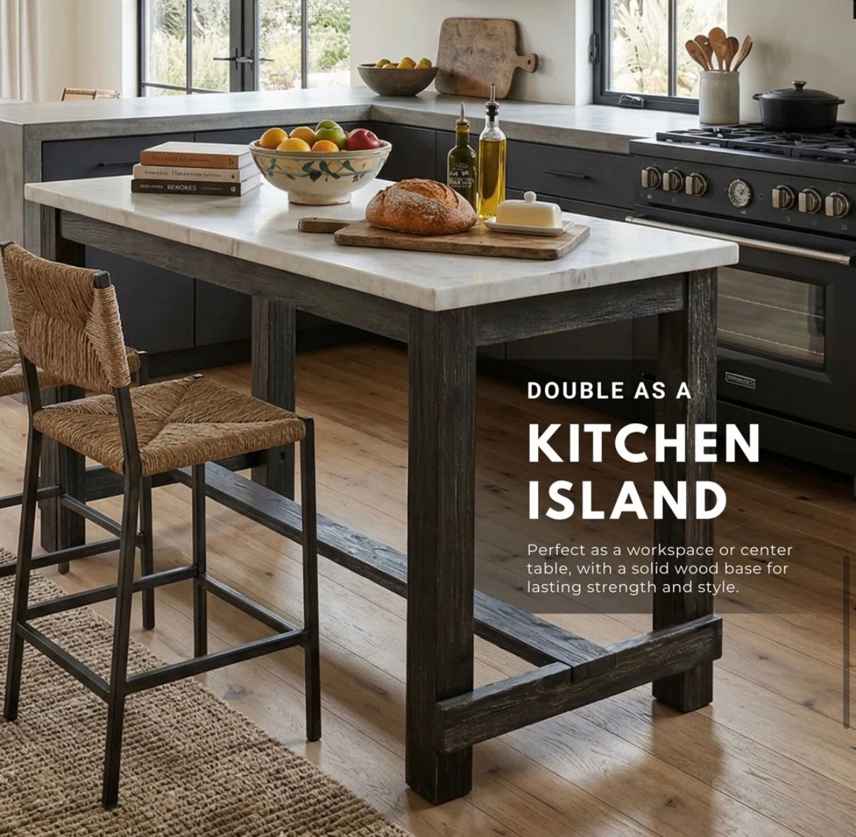 Stunning white marble island w/ black wood legs 🤍