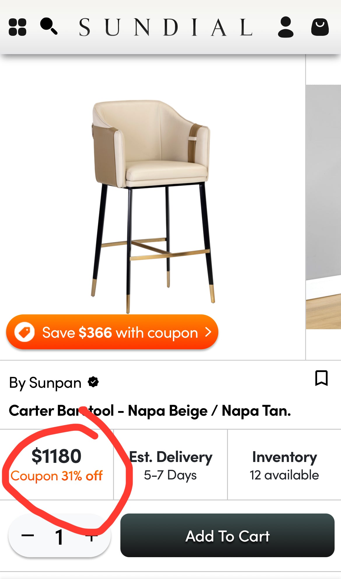 Two-tone beige & tan leather counterheight barstool w/ black & gold legs ✨