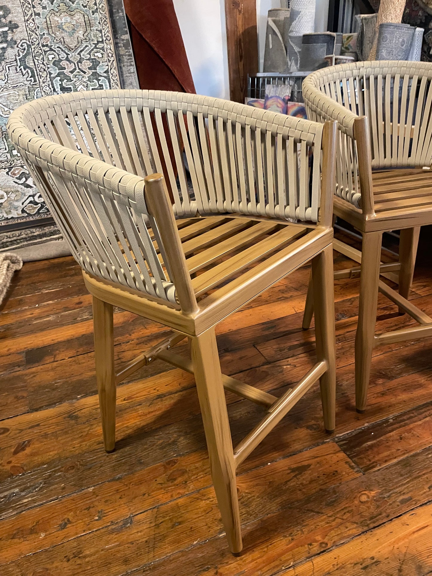2 indoor / outdoor woven barstools w/ brown metal frame 🍻