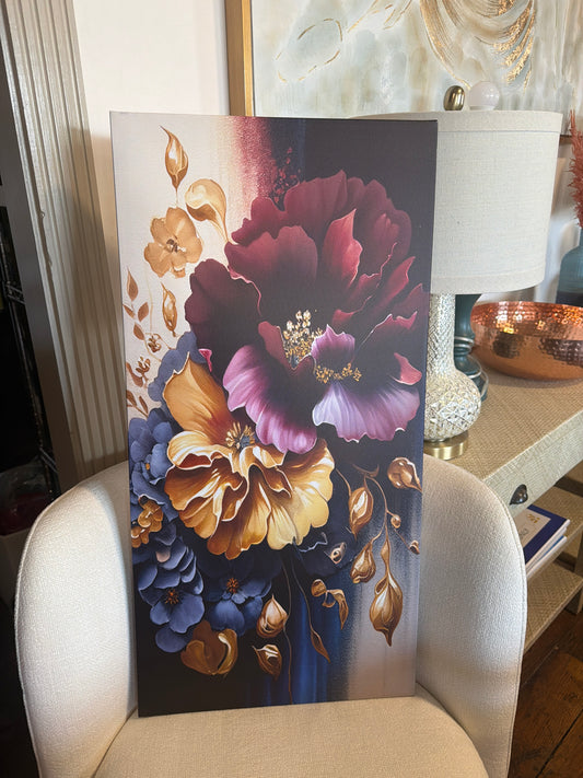 18x32 Burgundy And Blue Floral Bunch II - Floral Canvas Print 🌸