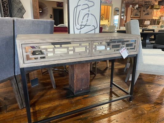 Tommy Hilfiger grey weathered wood console table w/ mirrored drawers 🩶