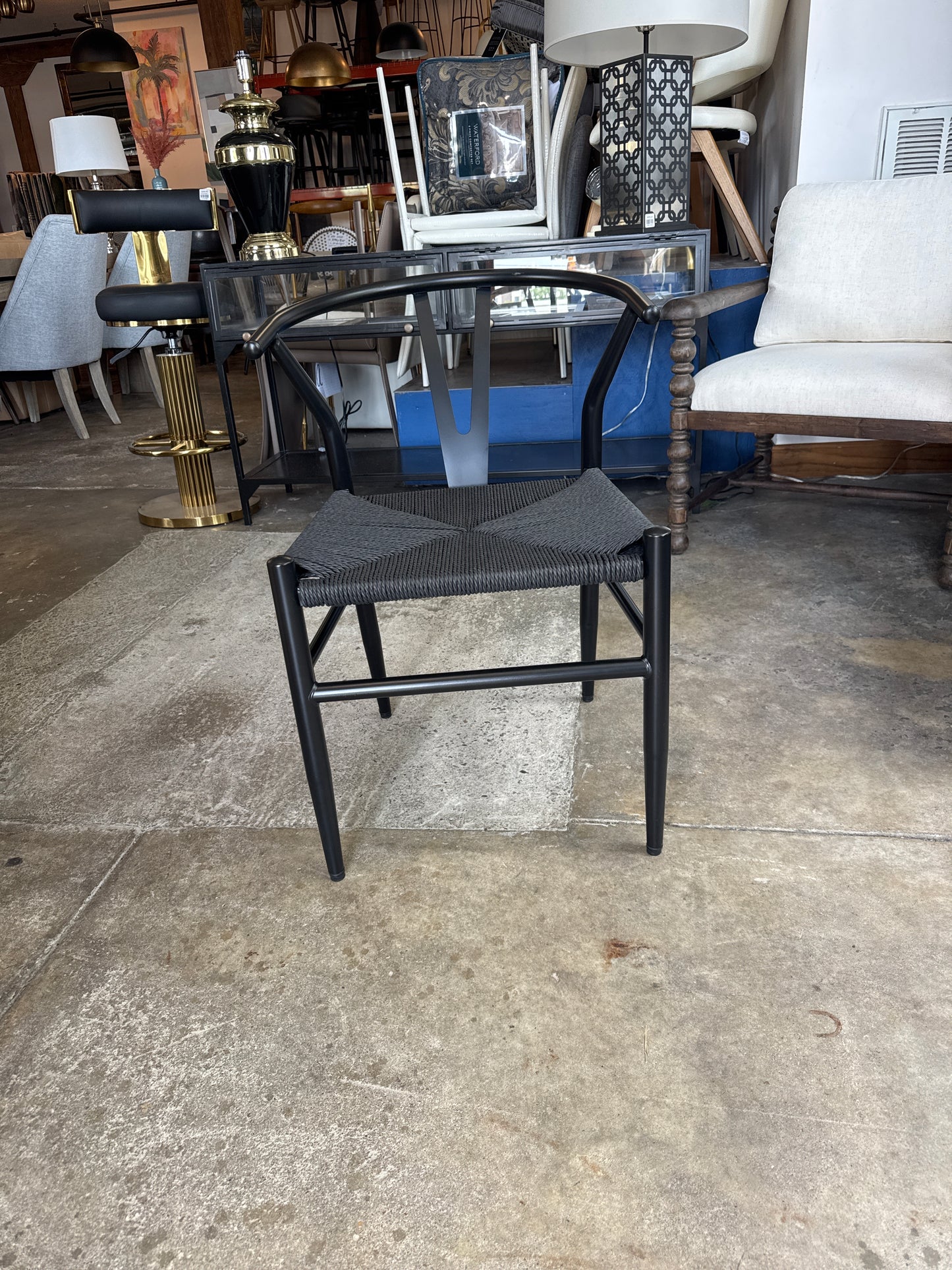 Black metal & woven wishbone chairs