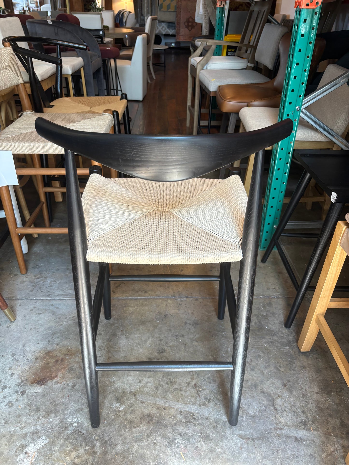 Natural woven counterheight barstool w/ modern black wood back 🌻