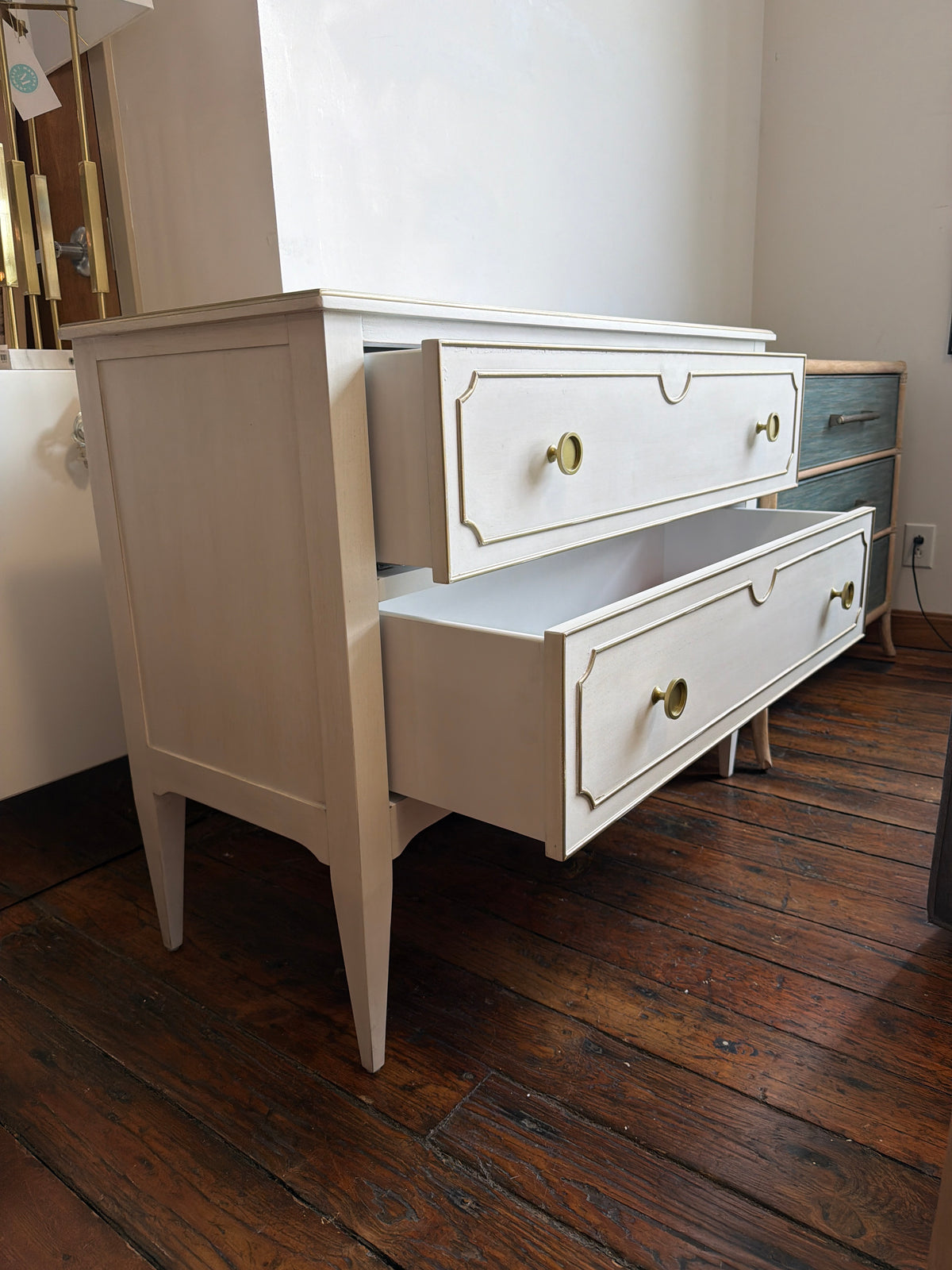 2-drawer nightstand in linen finish w/ antique gold  ✨