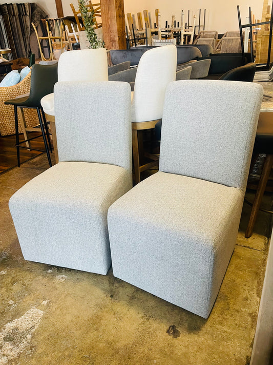 2 grey linen chairs on wheels 🩶