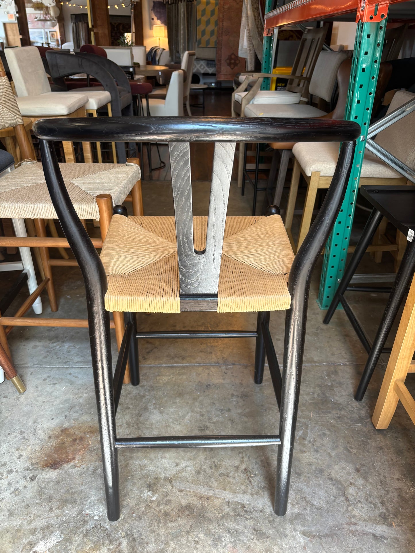Natural woven rope wishbone counterheight barstool w/ black wood frame 🥂