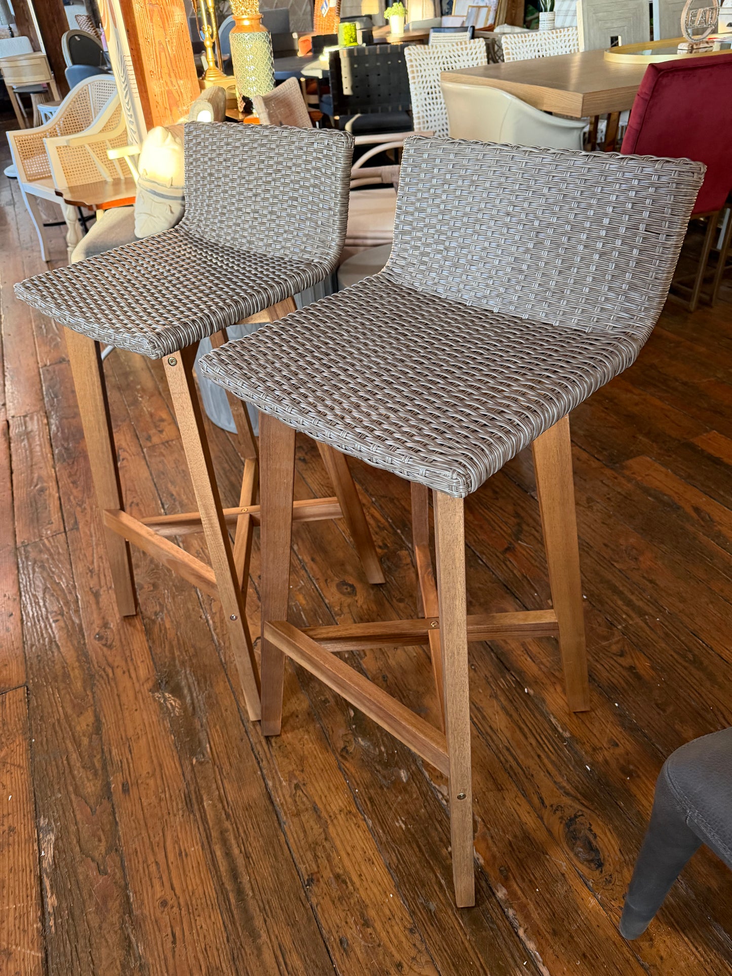2 light brown & teak rustic acacia wood barheight barstools🍻