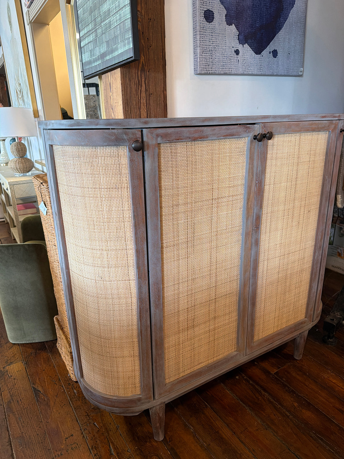 Acacia wood cabinet w/ natural woven, cane doors 🌷