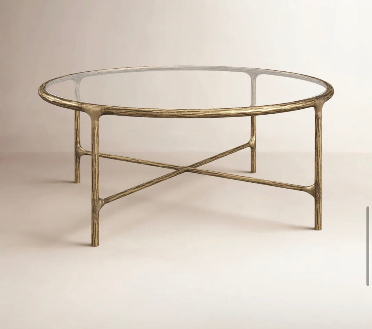 36” round glass coffee table w/ hammered brass iron frame ✨