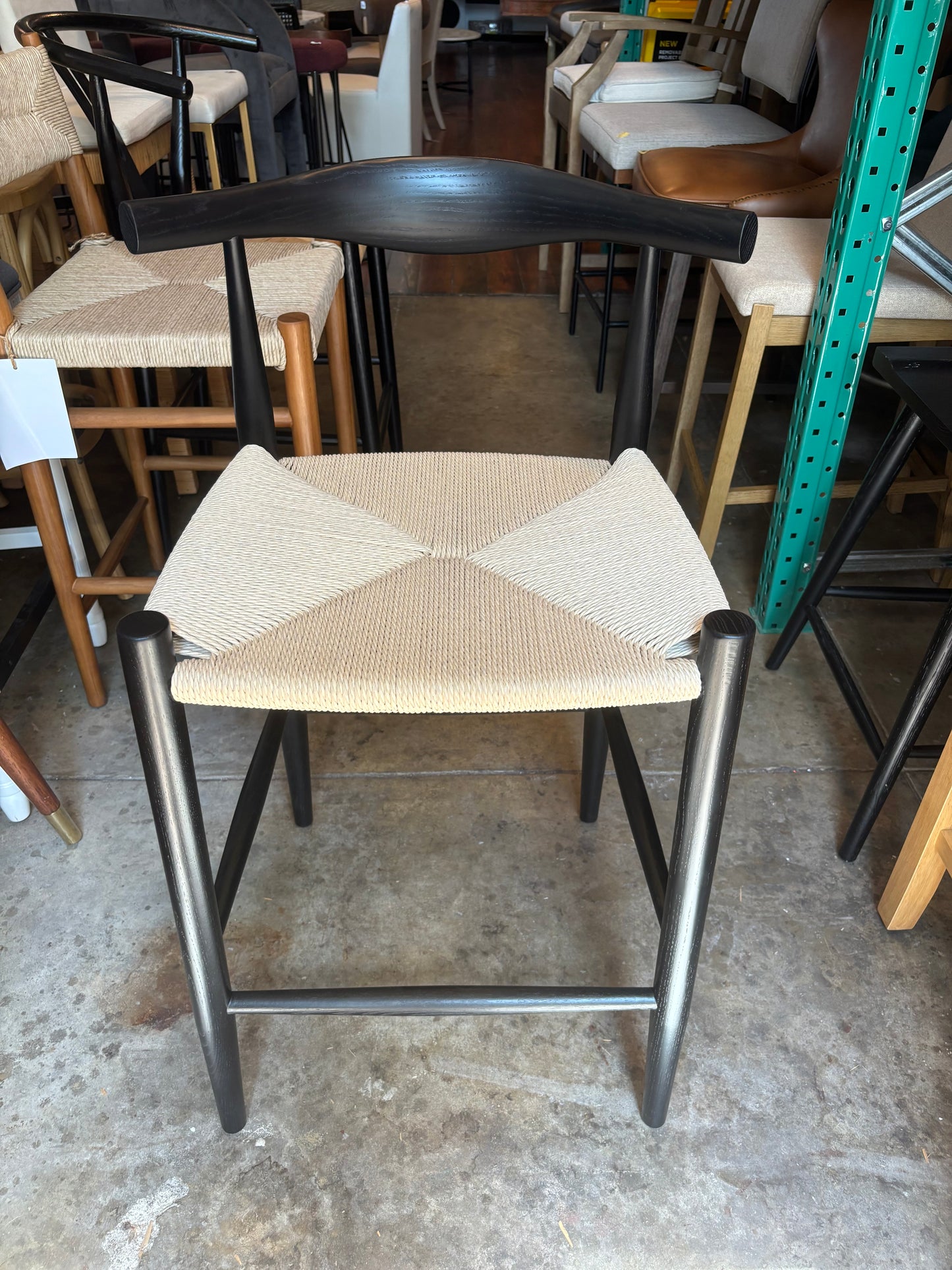 Natural woven counterheight barstool w/ modern black wood back 🌻