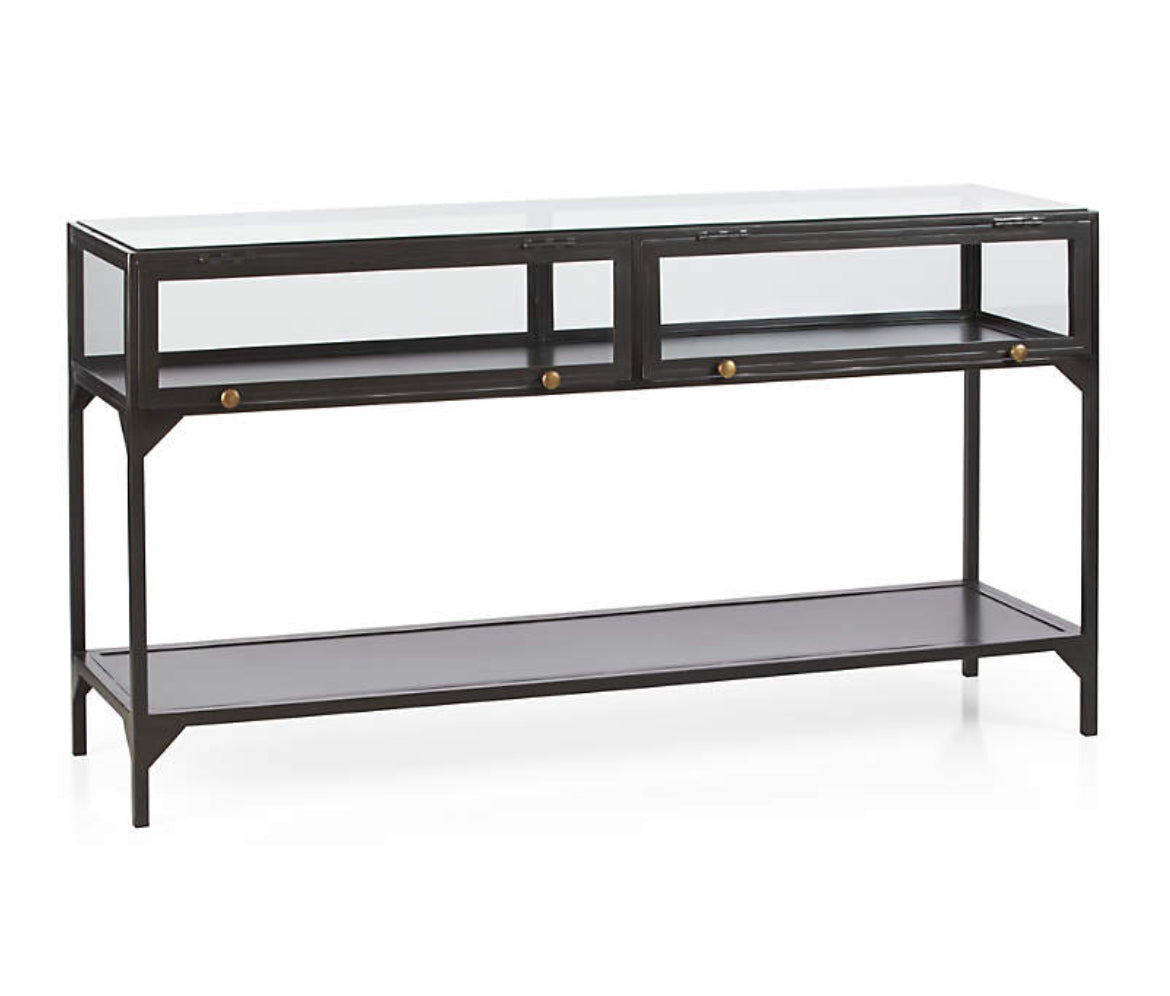 CB2 54" black iron & glass console table w/ storage 🥃