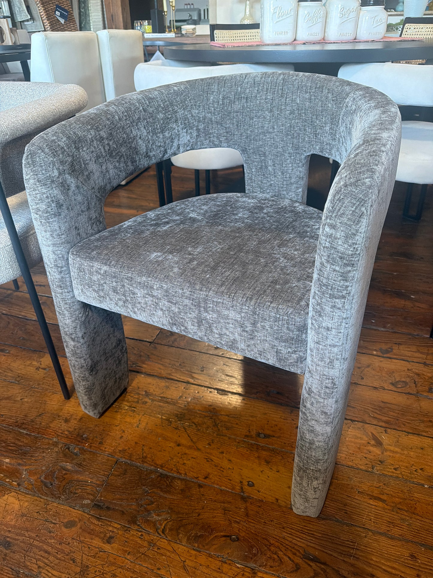 Modern soft chenille upholstered 3-legged charcoal chair w/ arms 🩶