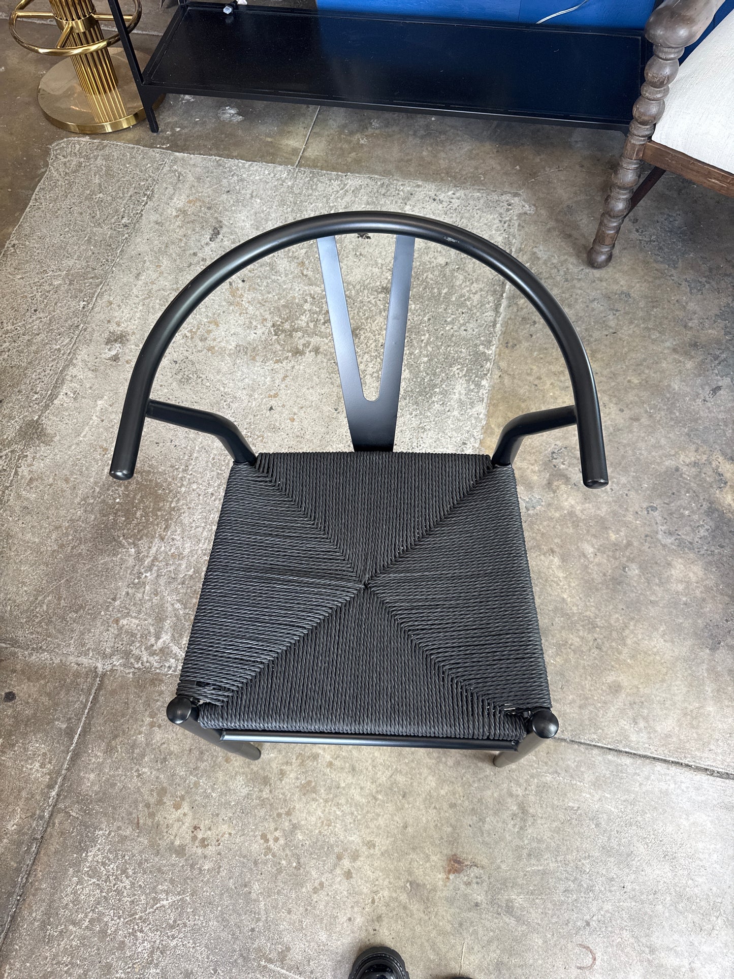Black metal & woven wishbone chairs