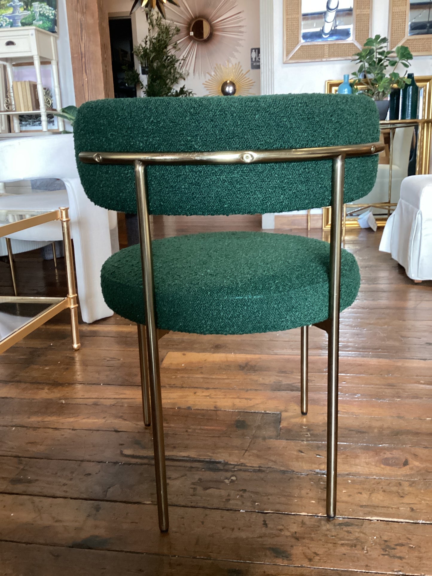 Emerald green boucle & gold accent chair ✨