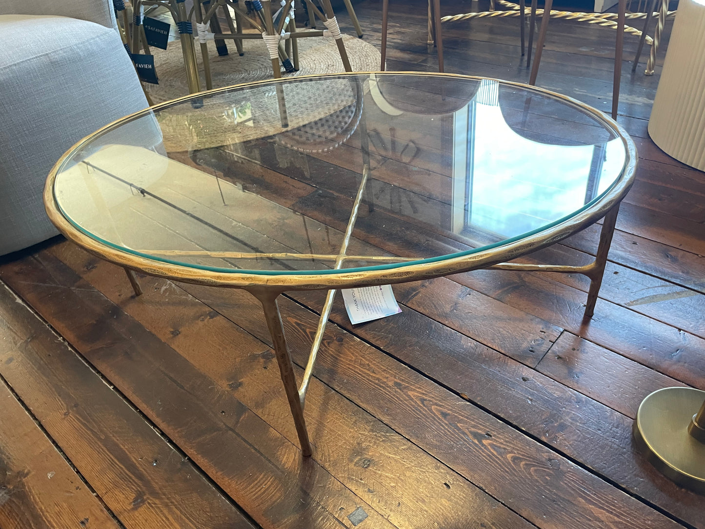 Oval glass coffee table w/ gold hammered iron frame ✨