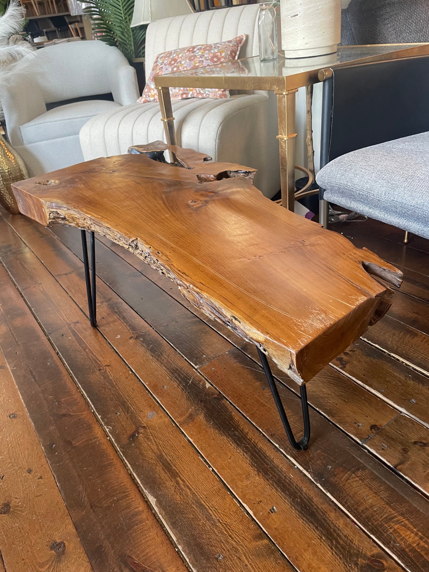 Teak live edge coffee table w/ black hairpin legs ☕️