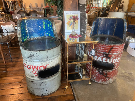 2 vintage colorful oil drum barheight barstools 🍻