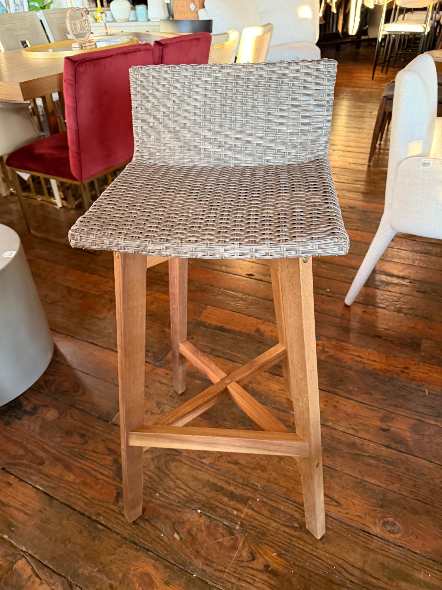 2 light brown & teak rustic acacia wood barheight barstools🍻
