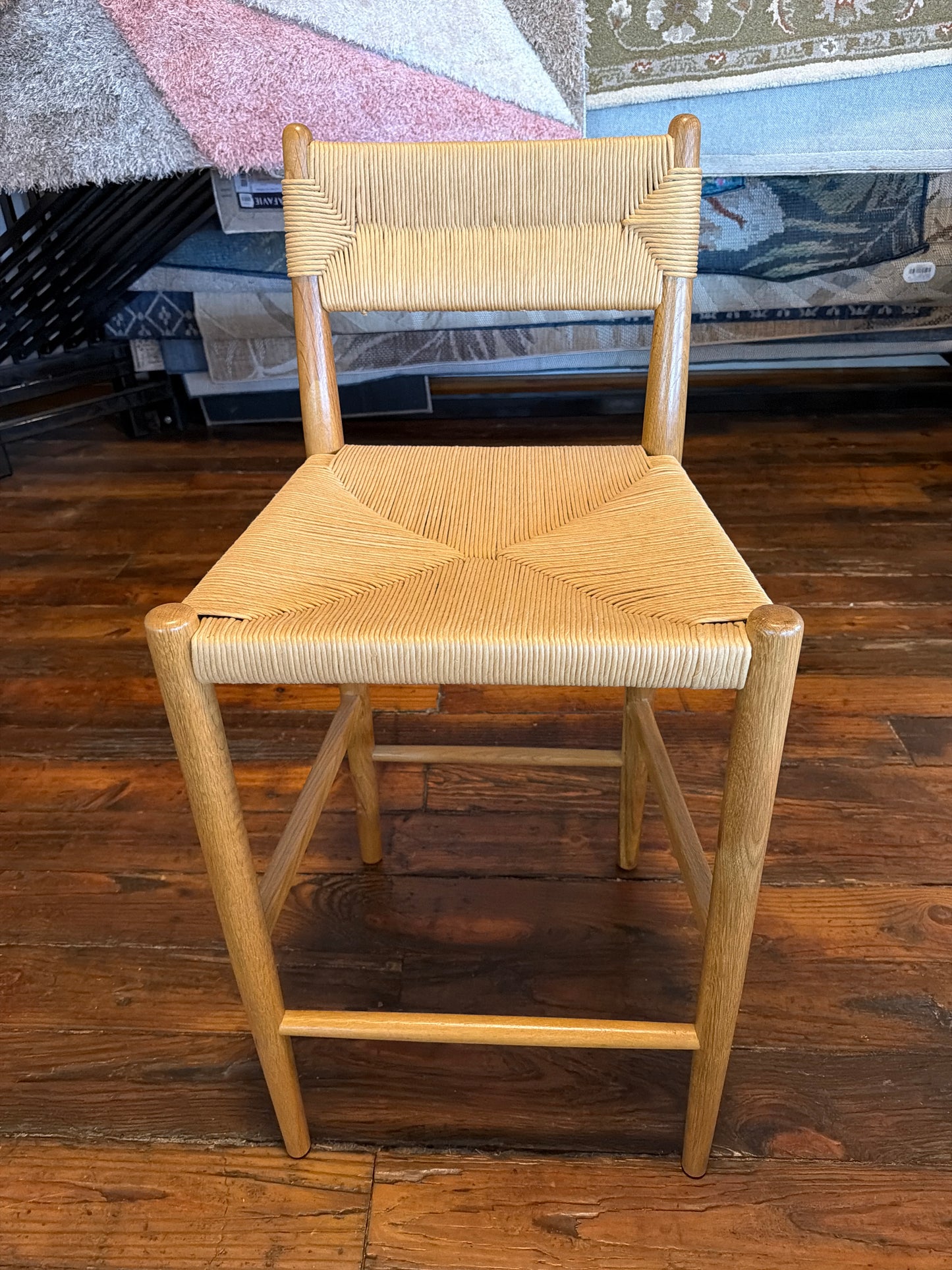 Four Hands neutral brown wood counterheight barstool w/ woven back & seat 🌺